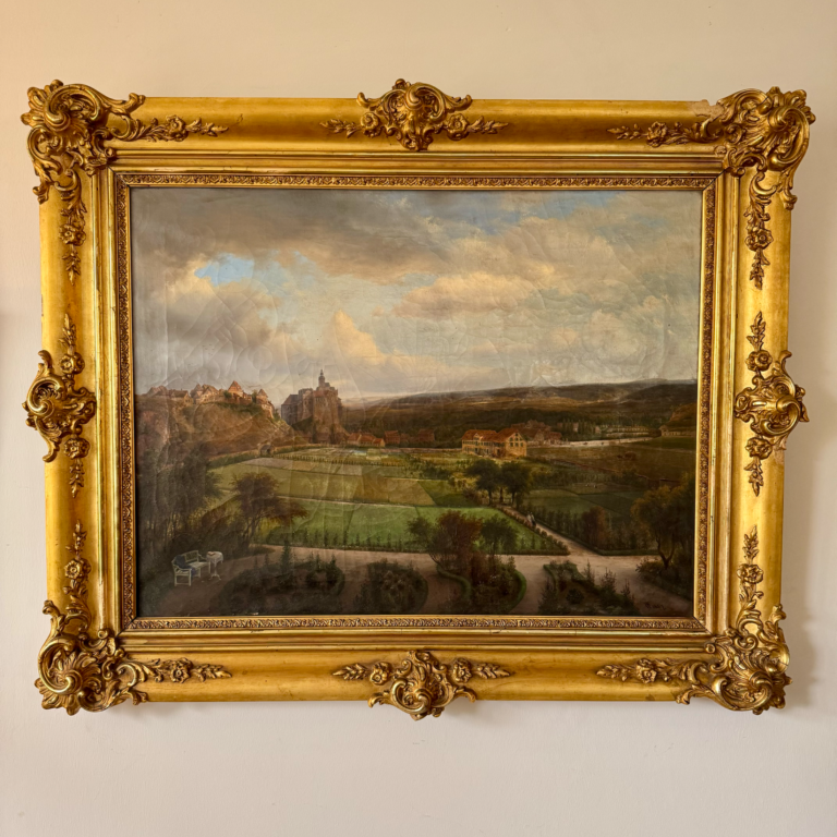 Historisches Steuerwald Gemälde mit Stadtansicht Quedlinburg im Goldrahmen